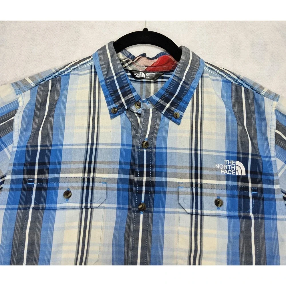 North Face Shirt Mens M Short‎ Sleeve Delridge Plaid Blue Button Up White Pocket